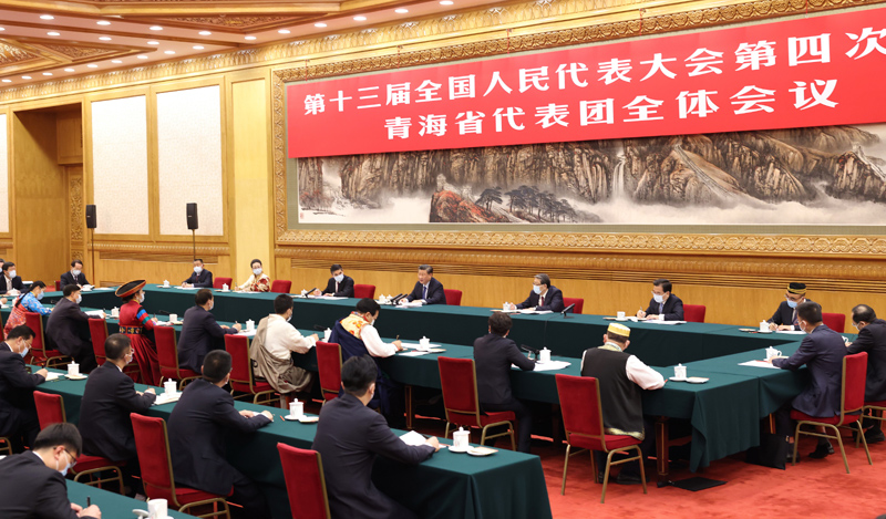 3月7日，中共中央總書記、國(guó)家主席、中央軍委主席習(xí)近平參加十三屆全國(guó)人大四次會(huì)議青海代表團(tuán)的審議。新華社記者 黃敬文 攝